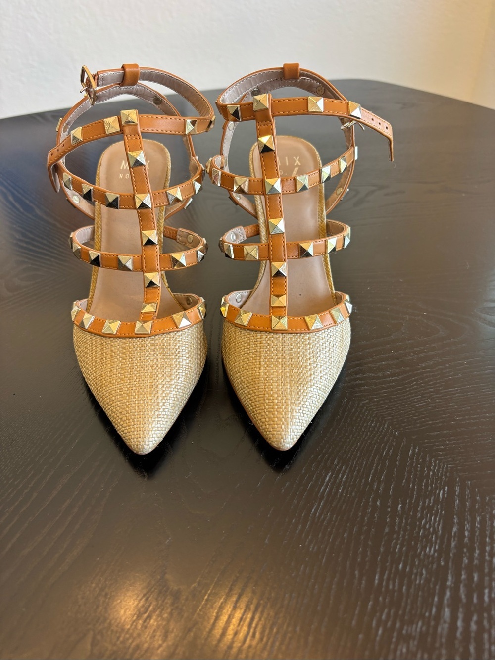 Studded T-Strap Pointed Toe Pumps in Tan and Cream
